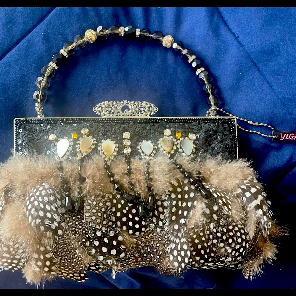 YILIN Swarovski Beaded - Black Feather & Sequined Rectangular Evening Bag #9002